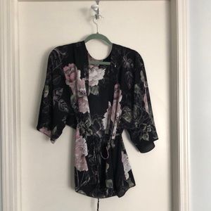 Belted dark floral kimono